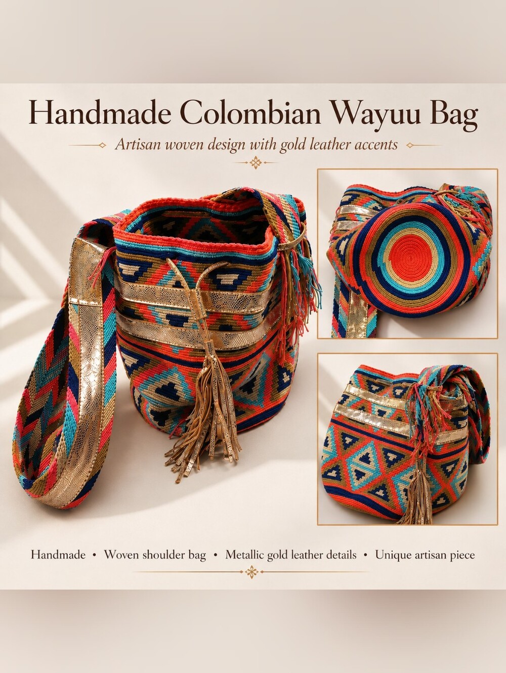Handmade Colombian Wayuu Bag - Multicolor with Gold Accents